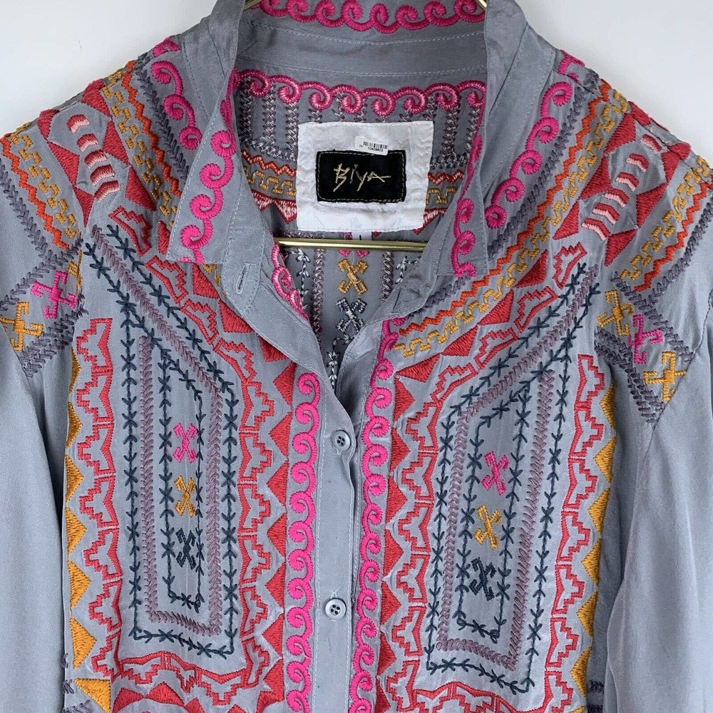 Biya by Johnny Was Silk Blouse Embroidered Women’s Size Large Read Description - Picture 3 of 12